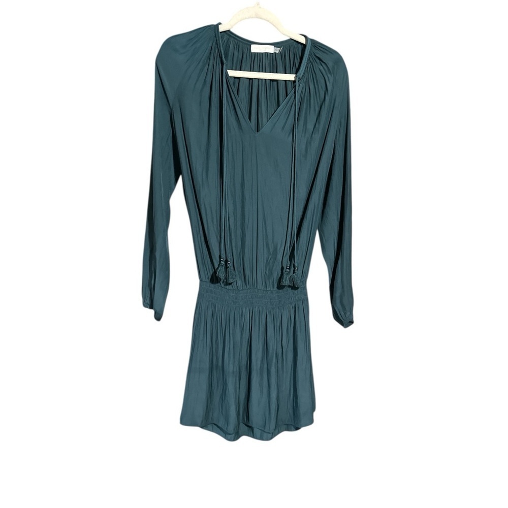 Ramy Brook mini dress in green with long sleeves and smocked waist XS